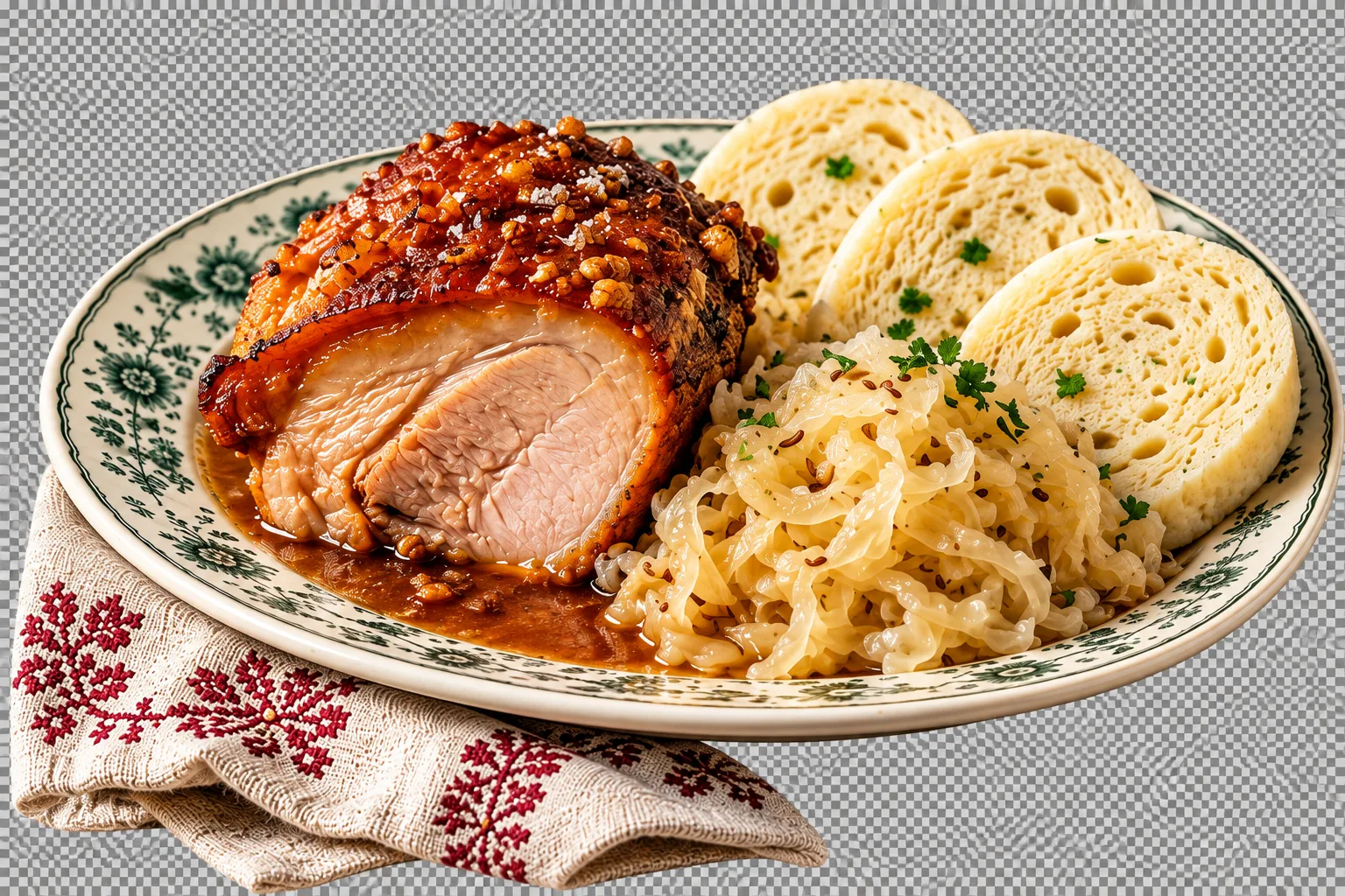 AI-generated illustration of roast pork, sauerkraut and dumplings.